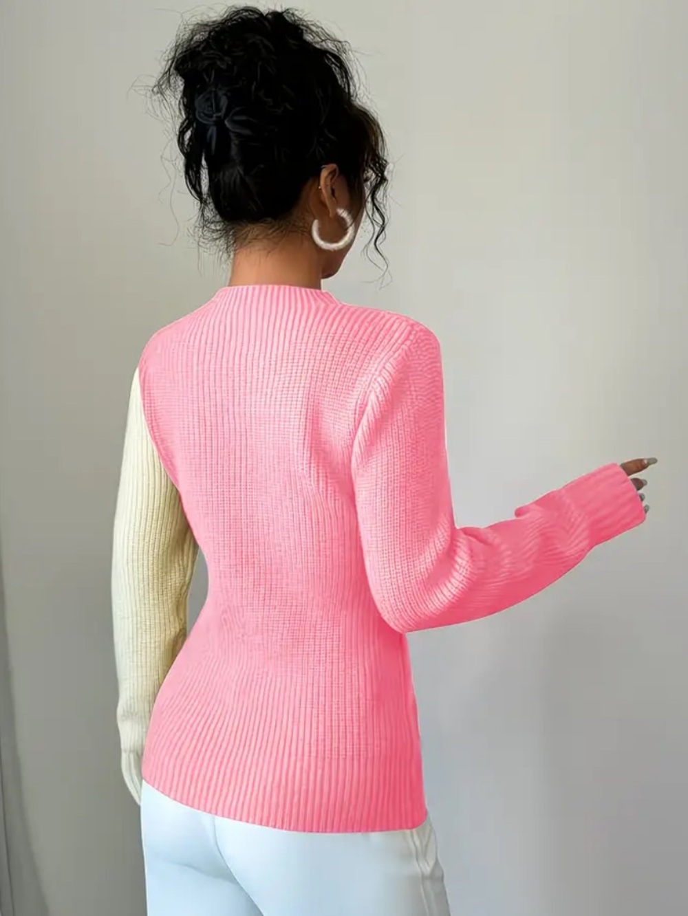 HEART Pink & Cream Color Block Knit Ribbed Crewneck Sweater L NIB - Picture 2 of 6